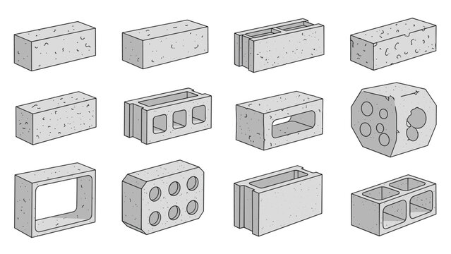 Collection of different shapes and styles of concrete masonry units and bricks used in building construction and architectural projects.
