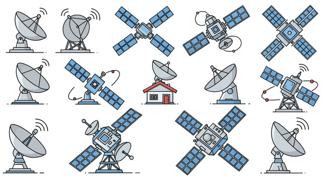 Diverse collection of satellite icons featuring communication satellites in space and ground based parabolic dishes for signal transmission.