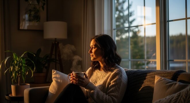 A person sits on a sofa holding a steaming mug gazing out a sunlit window in a cozy room with plants and a lamp