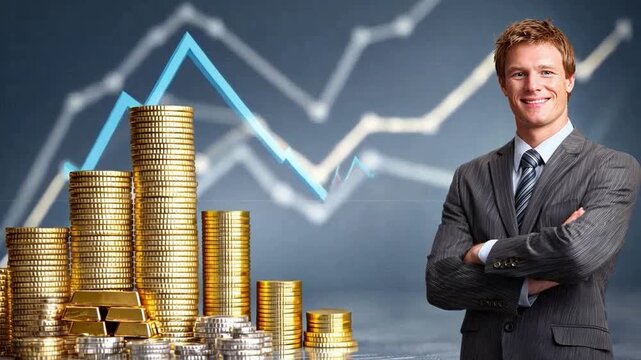 Financial Strategist: A confident financial strategist, standing amidst a visualization of economic growth and wealth, symbolizes prosperity and astute financial acumen.