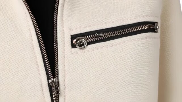 Close-up of a cream-colored jacket with silver zippers and pocket