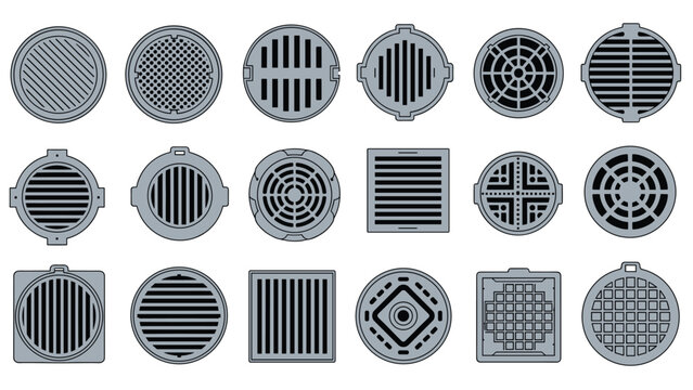 Diverse collection of industrial manhole covers and sewer grates with various geometric patterns and textures for urban design.