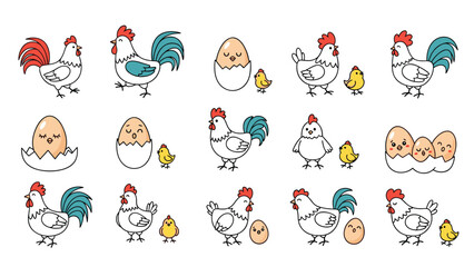 Farm animal collection features roosters hens chicks and eggs in different stages of life for agricultural and nursery themed illustrations.