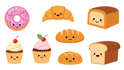 Fototapeta premium Charming collection of kawaii style bakery treats features colorful donuts cupcakes and bread loaves with happy smiling faces.