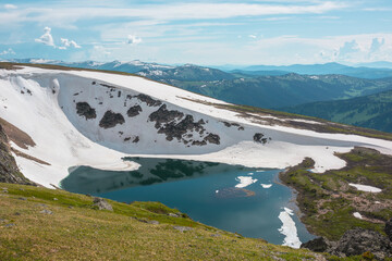 Scenic sunlit landscape with alpine lake in rocky snowy cirque near stone hill top during thaw. Ice floats in mountain lake among rocks and snows with view to forest mountain range under cloudy sky. © Daniil