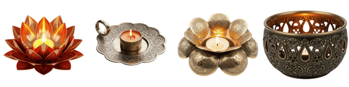 Set of decorative metal candle holders and tea light diyas with lotus design and ethnic patterns isolated on white background