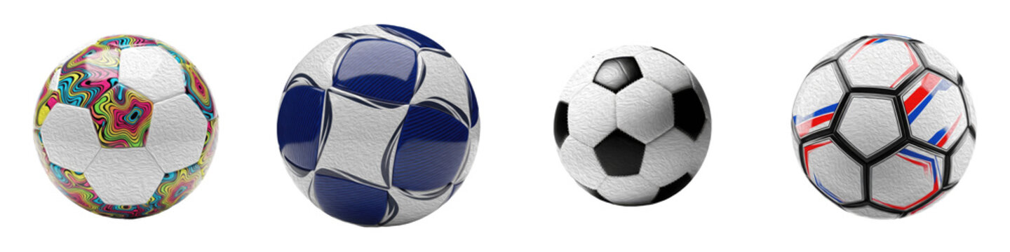 Set of four realistic soccer balls with different colorful designs and patterns isolated on white background