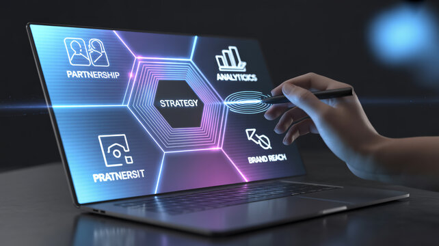 Professional analyzing business strategy through a digital holographic interface on a laptop.