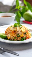 Close-up of crab fried rice with lime and dipping sauce, prepared food