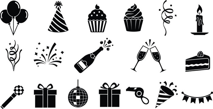 Black and white party icons and symbols for celebrations
