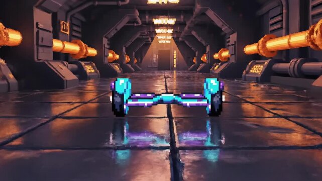 Futuristic hoverboard in a neon-lit sci-fi corridor with metallic walls and glowing tubes.