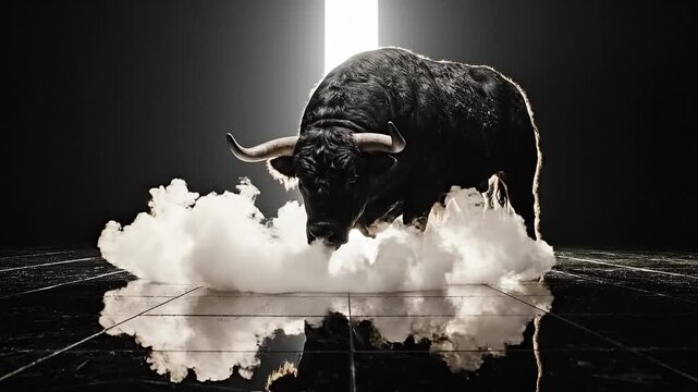 Majestic powerful black bull with large curved horns stands assertively on a dark, reflective surface emitting dramatic white smoke or clouds.