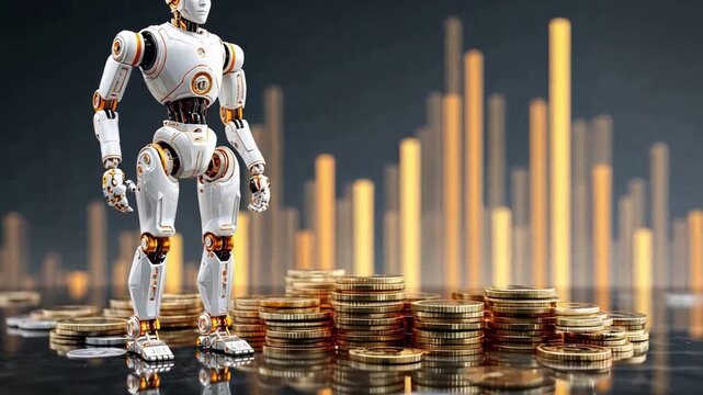 Technological Wealth: A sleek robot stands sentinel over a treasure trove of gold coins, set against the backdrop of rising financial charts. This evocative scene blends automation, and prosperity.