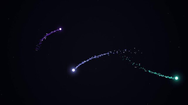 launching light trails in dark sky with colorful orbs