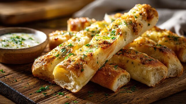 Close-up of herb garlic bread sticks with parsley on a wooden platter, steam rising