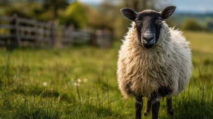 Fototapeta premium Close-up photograph of a Shropshire sheep standing in a green pasture under soft morning light