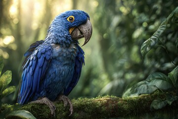 Obraz premium Close-up portrait of a blue macaw perched in a tropical rainforest with vivid plumage