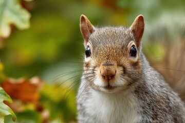 Obraz premium Close-up portrait of a grey squirrel gazing at the camera in soft forest light