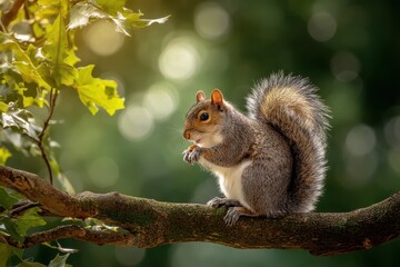 Close-up portrait of an Eastern gray squirrel on a sunlit branch