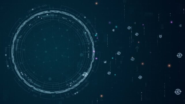 Motion graphic of circular HUD interface with finance and analytics icons, representing financial technology, market data visualization, and futuristic business dashboard background.