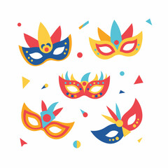 Obraz premium Collection of five colorful festive carnival masks with feathers and confetti.