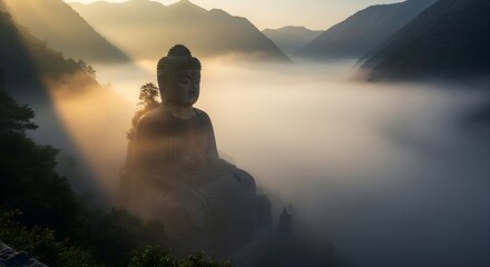 Buddhist monk meditating in misty mountain valley at sunrise with golden light and serene fog