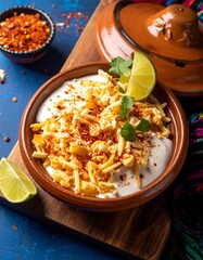 Creamy dish with cheese, lime, cilantro, and spice on wooden board