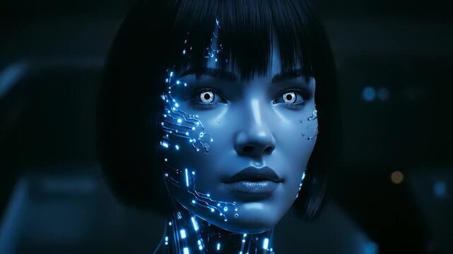 Cyborg woman with glowing blue circuits on her face and neck