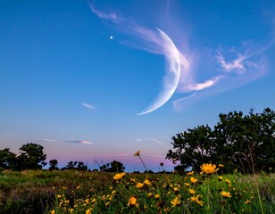 Crescent moon over meadow with wildflowers, against dusk sky