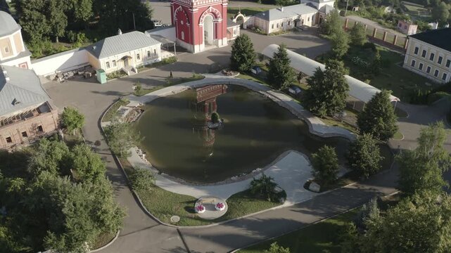 Aerial view of monastery pond in Chekhov