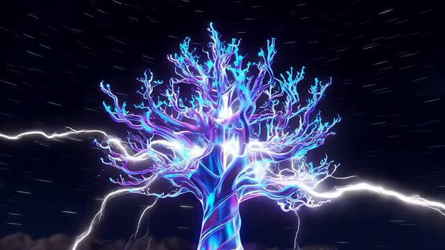 Electric tree struck by lightning in stormy night background for power or nature concept