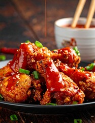 Crispy fried chicken drumsticks with spicy sauce being drizzled on