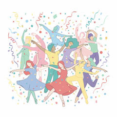 Obraz premium A vibrant illustration of diverse people dancing joyfully amidst colorful confetti and streamers, celebrating a festive occasion.