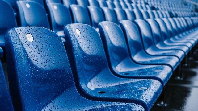 Rows of blue stadium seats with raindrops on a wet day rain empty theater