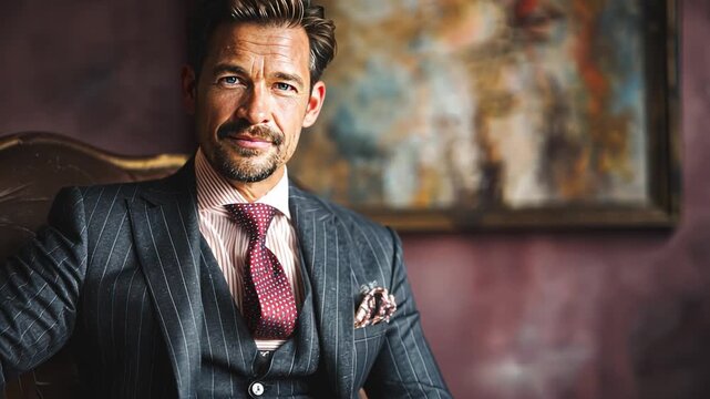 Distinguished Sophistication: A refined gentleman exudes confidence and charm as he sits, dressed impeccably in a tailored suit and tie, a picture of successful style and timeless grace.