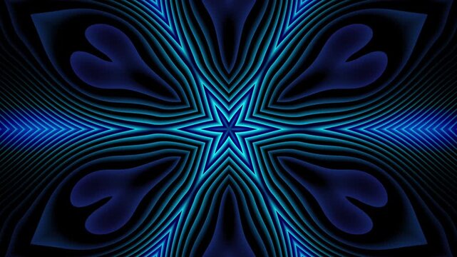 symmetrical blue neon snowflake pattern glowing on a dark digital canvas
