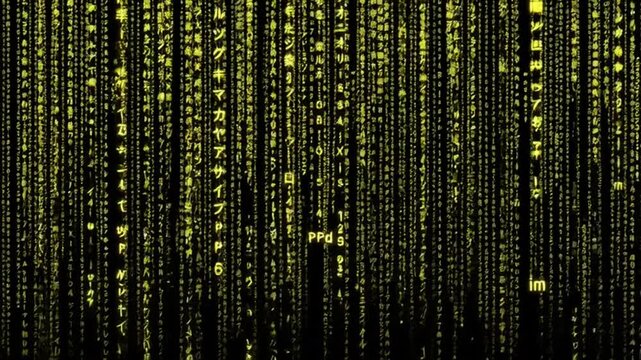 Digital Rain of Information: A mesmerizing cascade of digital characters streams downward, symbolizing the flow of data in the digital realm. This abstract composition suggests complex systems.