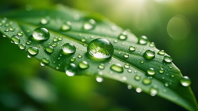 Morning dew drops on a leaf with sunlight shining through in a lush green natural environment