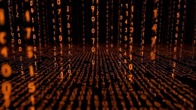 Digital Rain: Illustrating the flow of digital information and the concept of data streams in an abstract and compelling way. The vibrant orange hues illuminate the darkness.