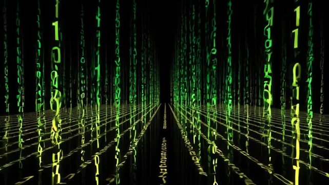 Digital Corridor: A mesmerizing perspective of binary code streams down a dark corridor, creating an immersive journey into the heart of data and technology.