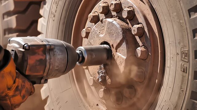 Close up of mechanic using pneumatic impact wrench to loosen rusty lug nuts on heavy machinery wheel