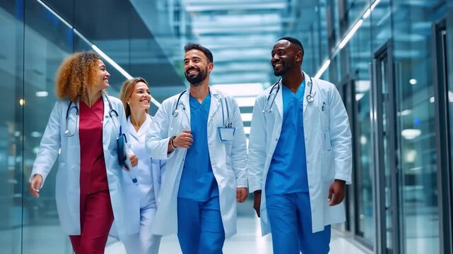 United in Care: A harmonious team of medical professionals, donned in professional attire, strides confidently through the hospital corridor, exuding a sense of purpose and collaborative care.