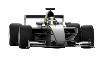 Naklejka premium Front view of silver race car with driver and yellow blue helmet silver car racing vehicle isolated on a transparent background