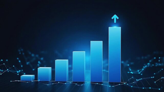 Bar chart growth infographic with rising blue columns and upward arrow on futuristic digital network background, business analytics concept for finance report presentation