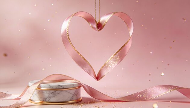 Elegant pink ribbon heart with gold glitter and marble pedestal on soft pink background