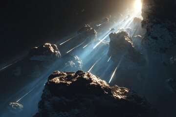 Volumetric Light Rays Bathe Rocky Asteroids in Deep Cosmic Void.