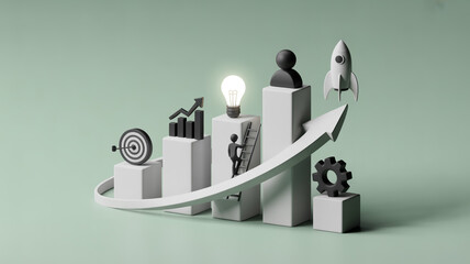 Conceptual 3d display of business growth with a rising arrow and rocket launch.