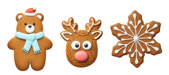 Obraz premium Set of Three Festive Christmas Gingerbread Cookies on Transparent, Png background