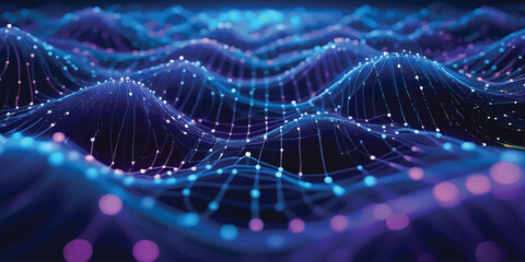 An abstract blue background with fractal light patterns creates a high-quality technology backdrop featuring wave motion, grid elements, and a virtual reality composition of science-inspired energy © JAHURA