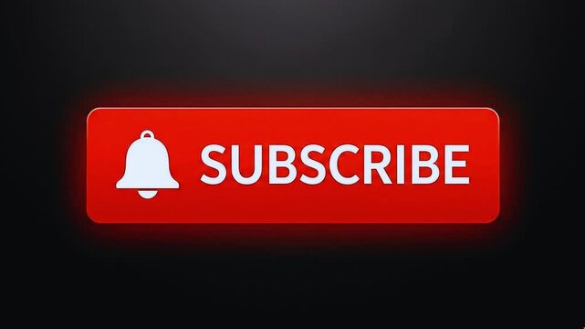 Button subscribe red with bell icon and cursor pointer, glowing effect around it, white text and symbol featuring notification, alert, subscription with call to action and interactive elements for